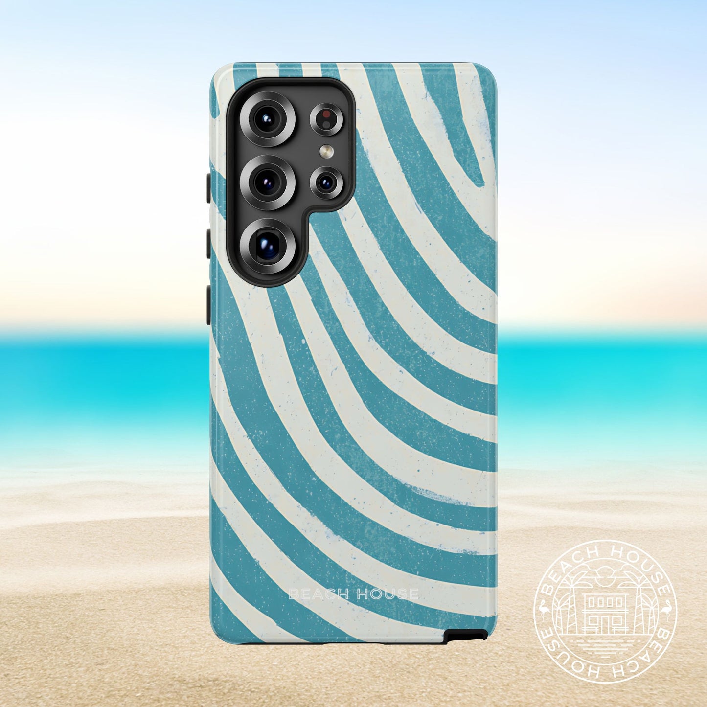 Holmes Beach Tough Case for Galaxy with blue and white wavy pattern on a beach background
