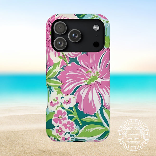 Seaside MagSafe Tough Case for iPhone 17 Pro with pink and green flowers on a beach background