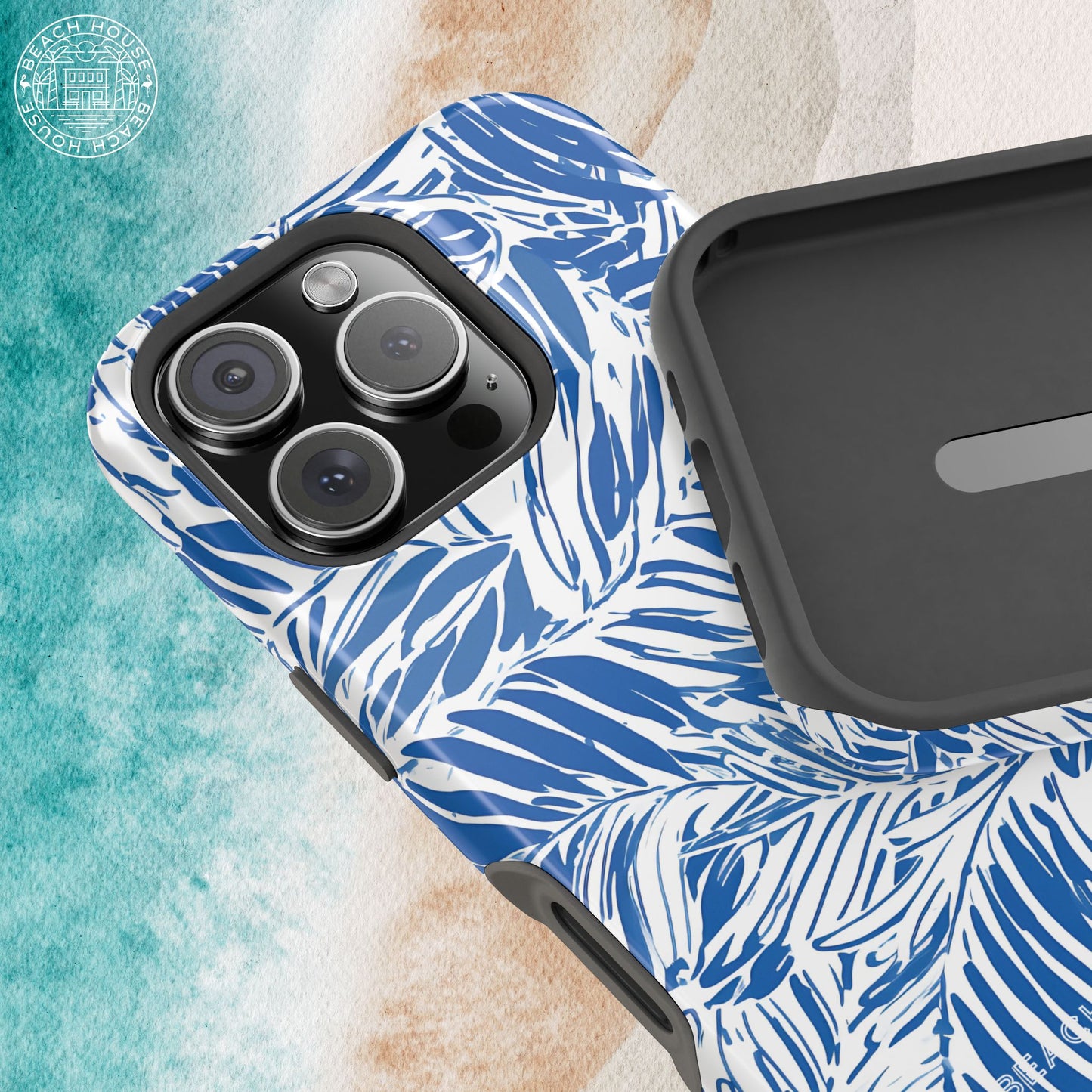 Interior and exterior view of the Hampton MagSafe Tough Case for iPhone with blue leaf pattern on a textured surface