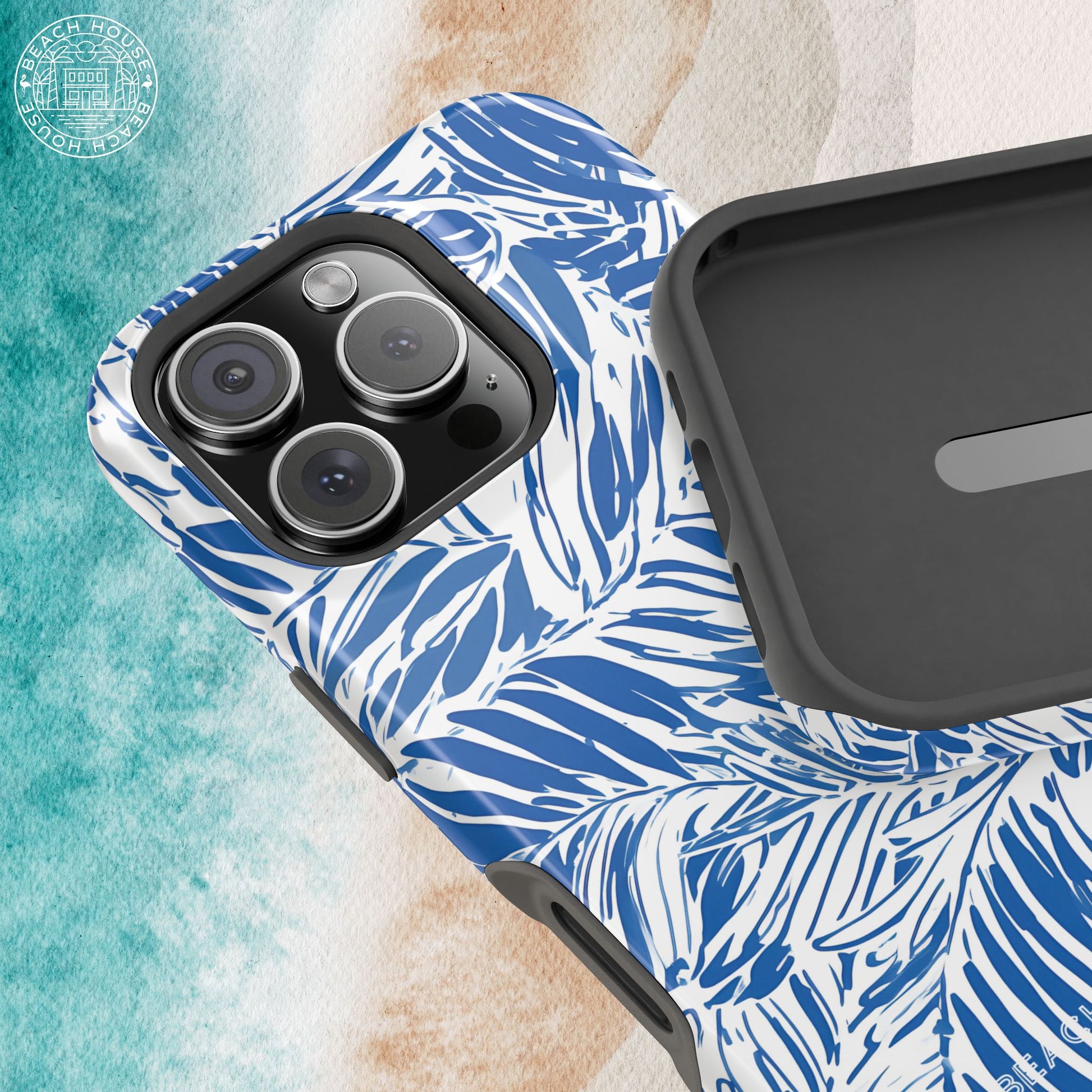 Interior and exterior view of the Hampton MagSafe Tough Case for iPhone with blue leaf pattern on a textured surface