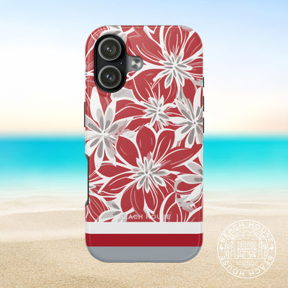 Columbus Tough case for iPhone 17 with red and white floral pattern on a beach background