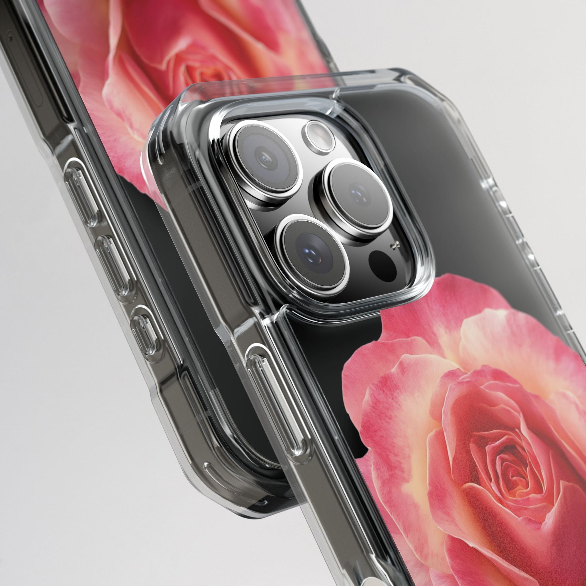 Phone case with pink rose design on a clear background