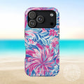 Destin MagSafe Tough Case for iPhone 17 Pro with pink and blue floral design on a beach background