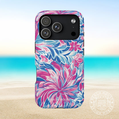 Destin MagSafe Tough Case for iPhone 17 Pro with pink and blue floral design on a beach background