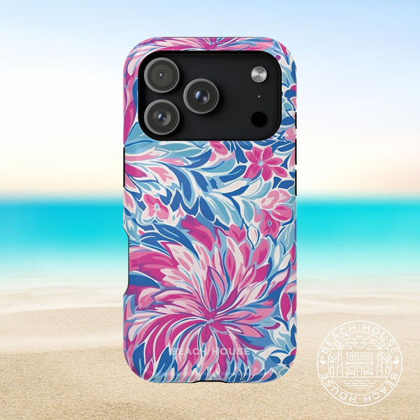Destin MagSafe Tough Case for iPhone 17 Pro with pink and blue floral design on a beach background