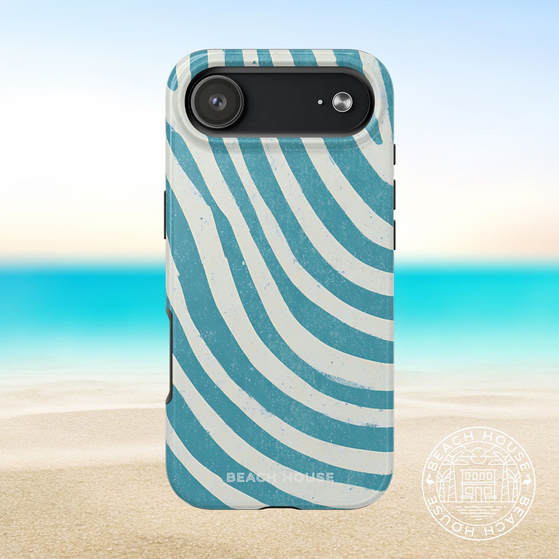 Holmes Beach Tough Case for iPhone 17 Air with blue and white wavy pattern on a beach background