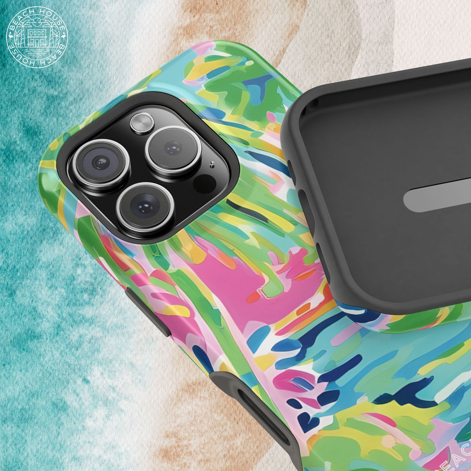 Colorful Delray MagSafe Tough Case for iPhone with abstract design on a textured background