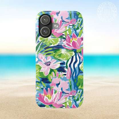 Everglades Slim Case for iPhone 17 with floral design on a beach background