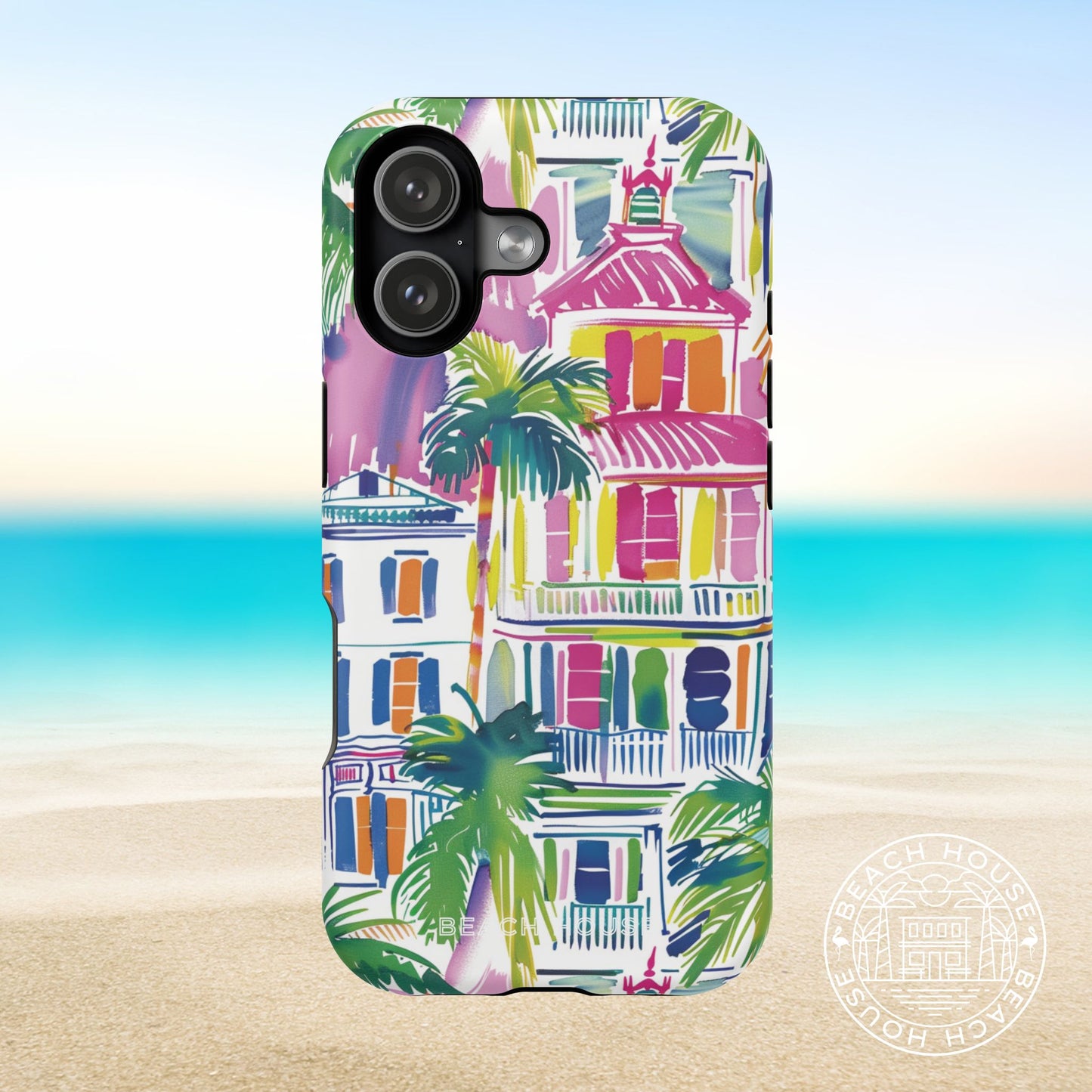 George Town MagSafe Tough Case for iPhone 17 with vibrant design on a beach background