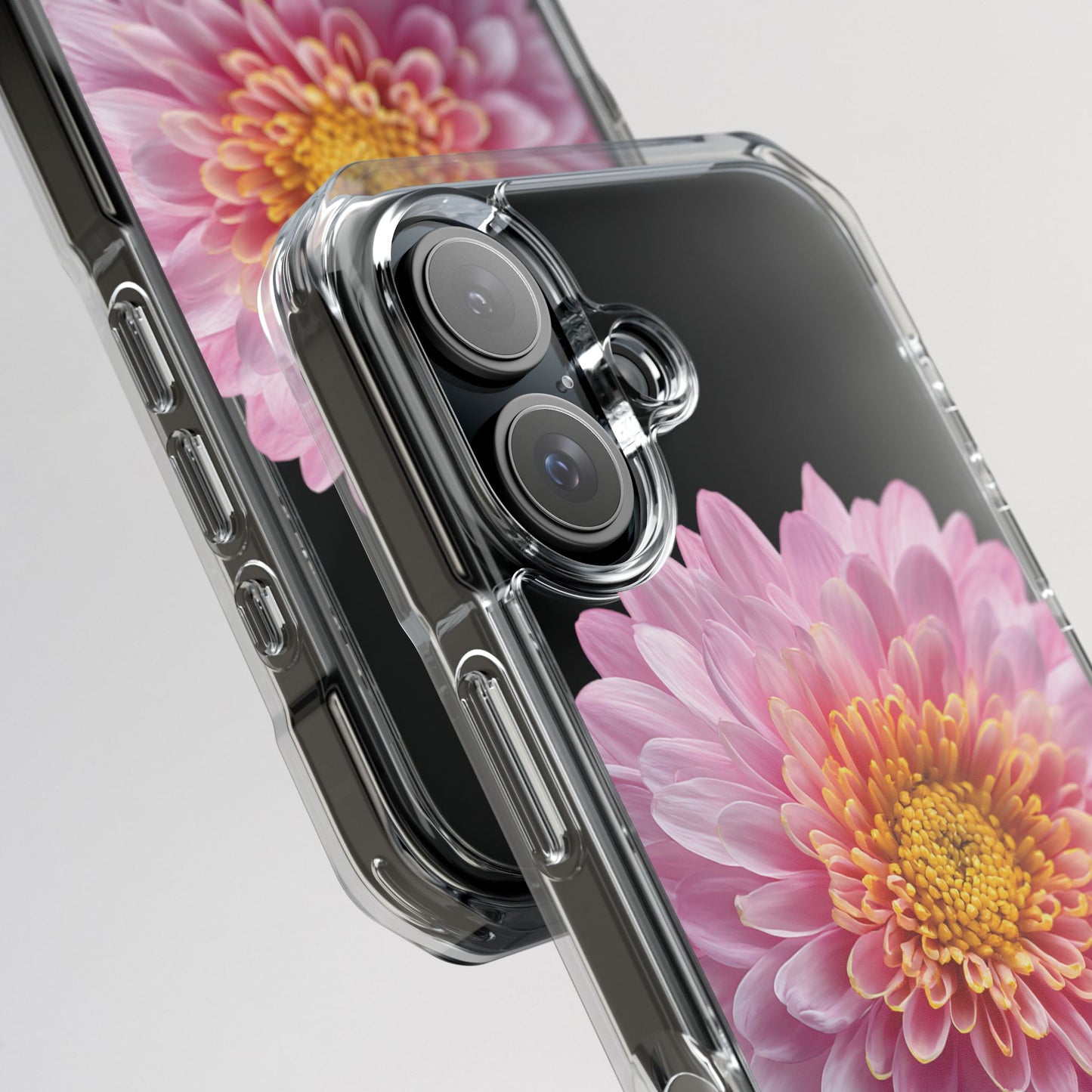 Phone case with camera protection feature on a floral background