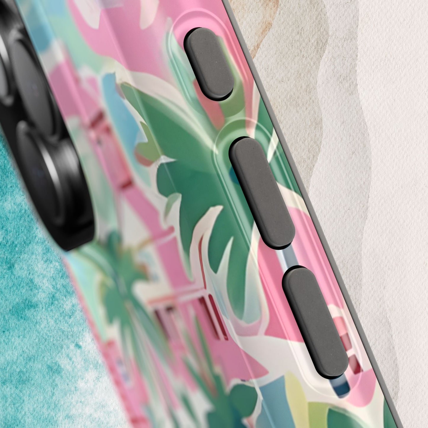 St. Simon MagSafe Tough Case for iPhone with colorful palm tree design on a textured surface