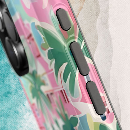 St. Simon MagSafe Tough Case for iPhone with colorful palm tree design on a textured surface