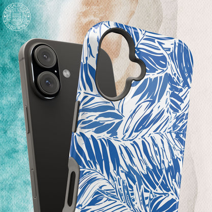 Hampton MagSafe Tough Case for iPhone 16 with blue and white leaf pattern on a marble background