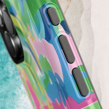 Close up view of Delray MagSafe Tough Case for iPhone with abstract design on a textured surface