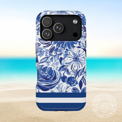 Lexington MagSafe Tough Case for iPhone with blue floral design on a beach background