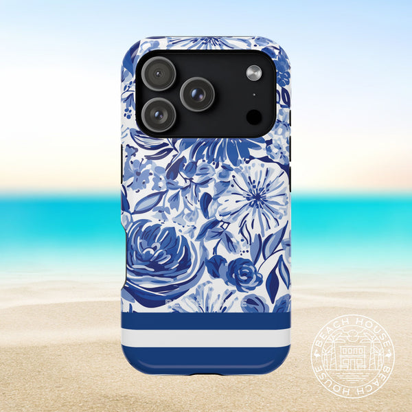 Lexington MagSafe Tough Case for iPhone with blue floral design on a beach background