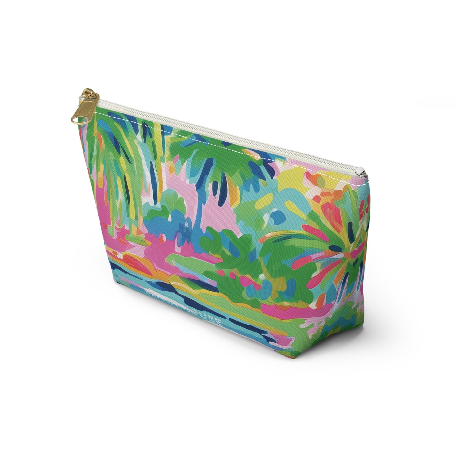 Colorful pouch with a tropical pattern on a white background