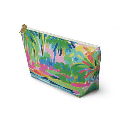 Colorful pouch with a tropical pattern on a white background