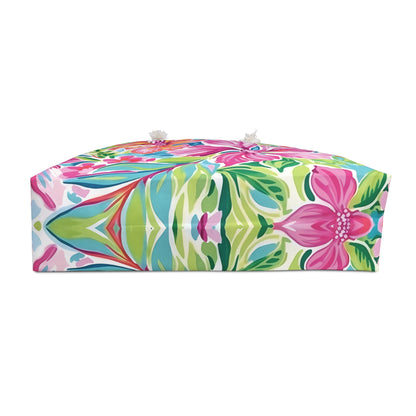Bottom view of Waikiki bag with vibrant floral design on white background