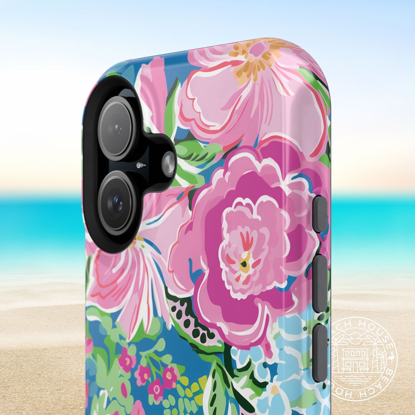 Floral Madeira MagSafe Tough Case for iPhone with a beach background