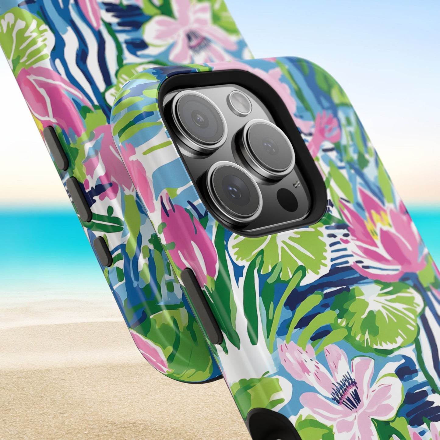 Close up views of the Everglades MagSafe Tough Case for iPhone with a beach background