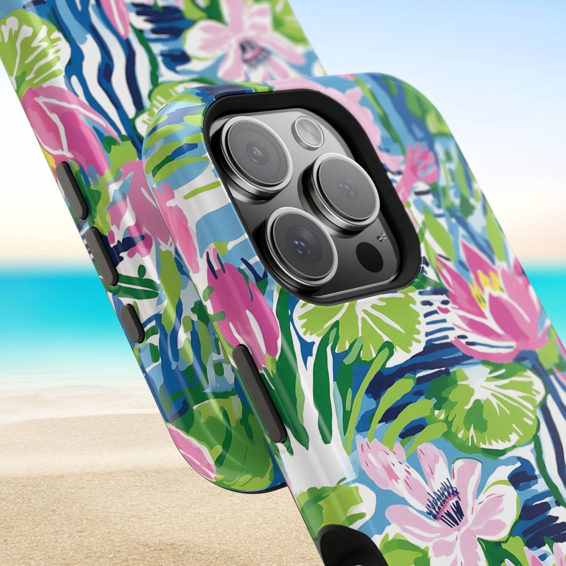 Close up views of the Everglades MagSafe Tough Case for iPhone with a beach background