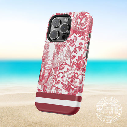 Tuscaloosa MagSafe Tough Case for iPhone with floral and elephant design on a beach background