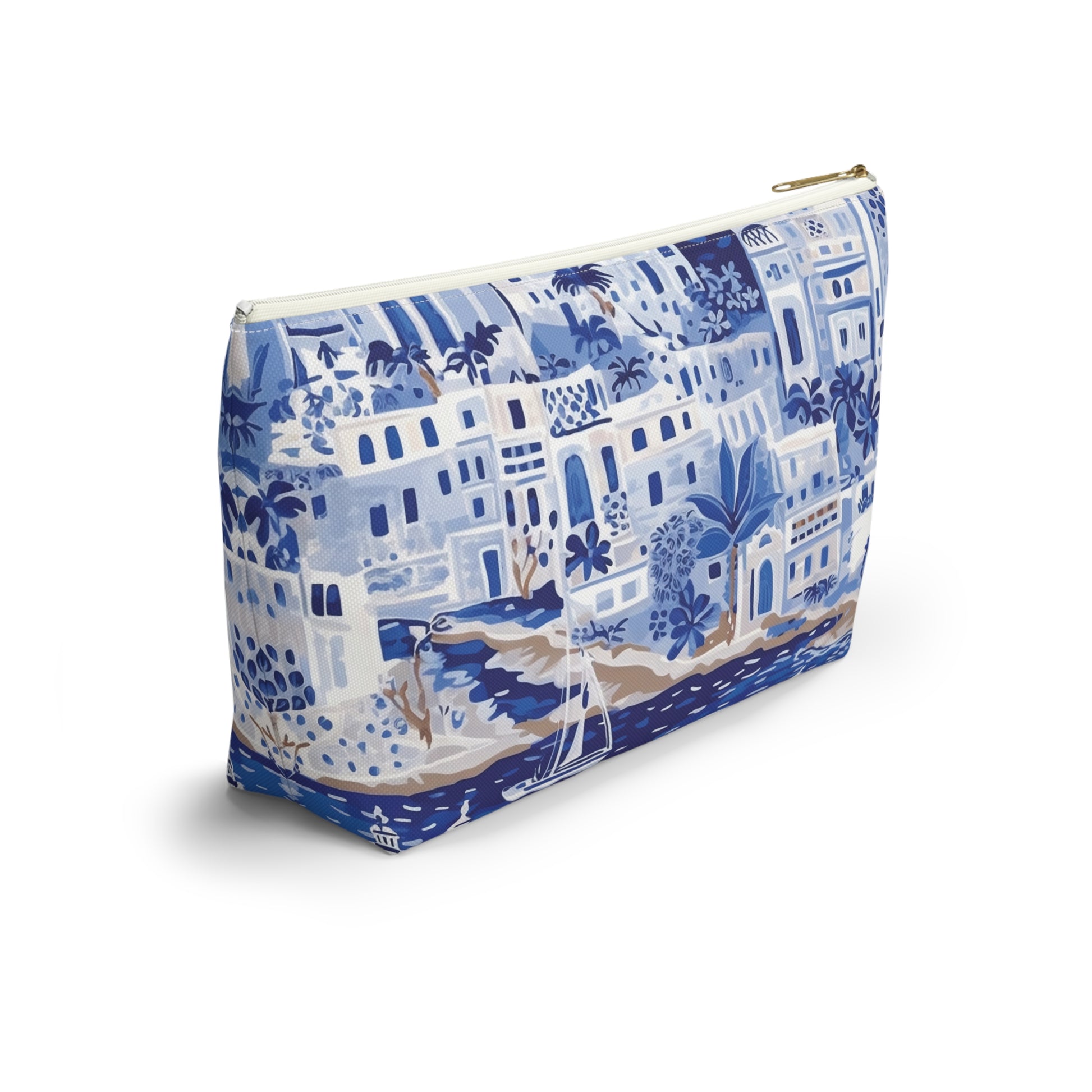 Blue and white patterned pouch on a white background