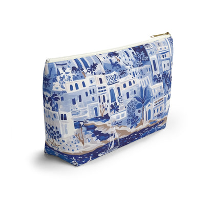 Blue and white patterned pouch on a white background