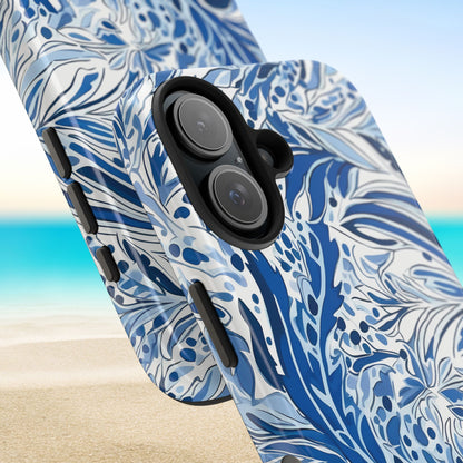 Blue and white floral Nags Head case for iPhone with a beach background