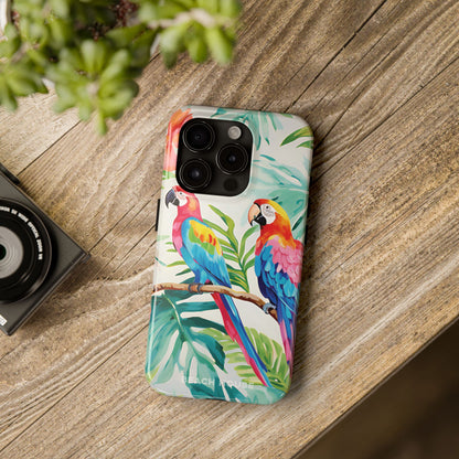 Copacabana Tough Case for iPhone with parrot design on a wooden surface