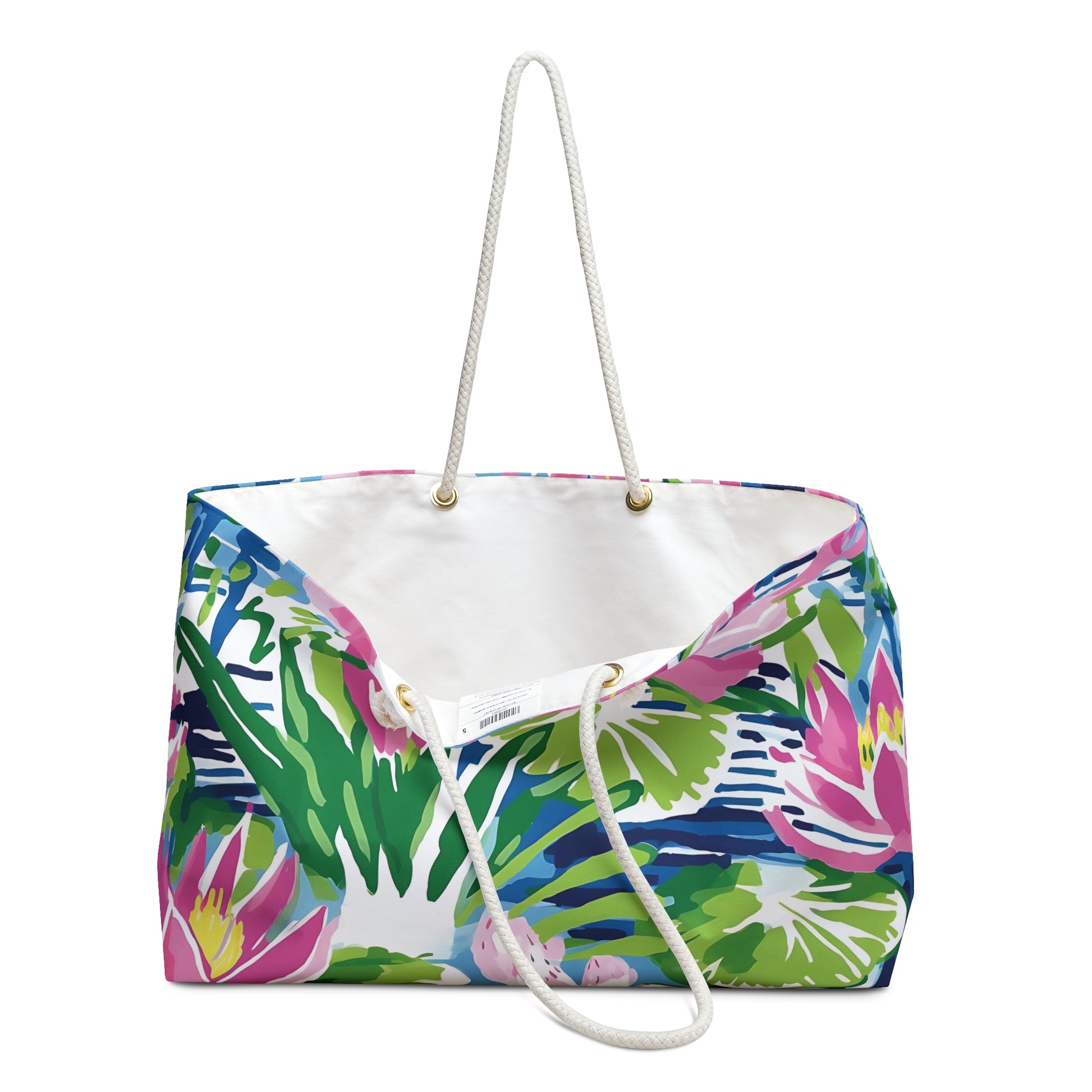 Colorful Everglades beach bag with white rope handles on a white background