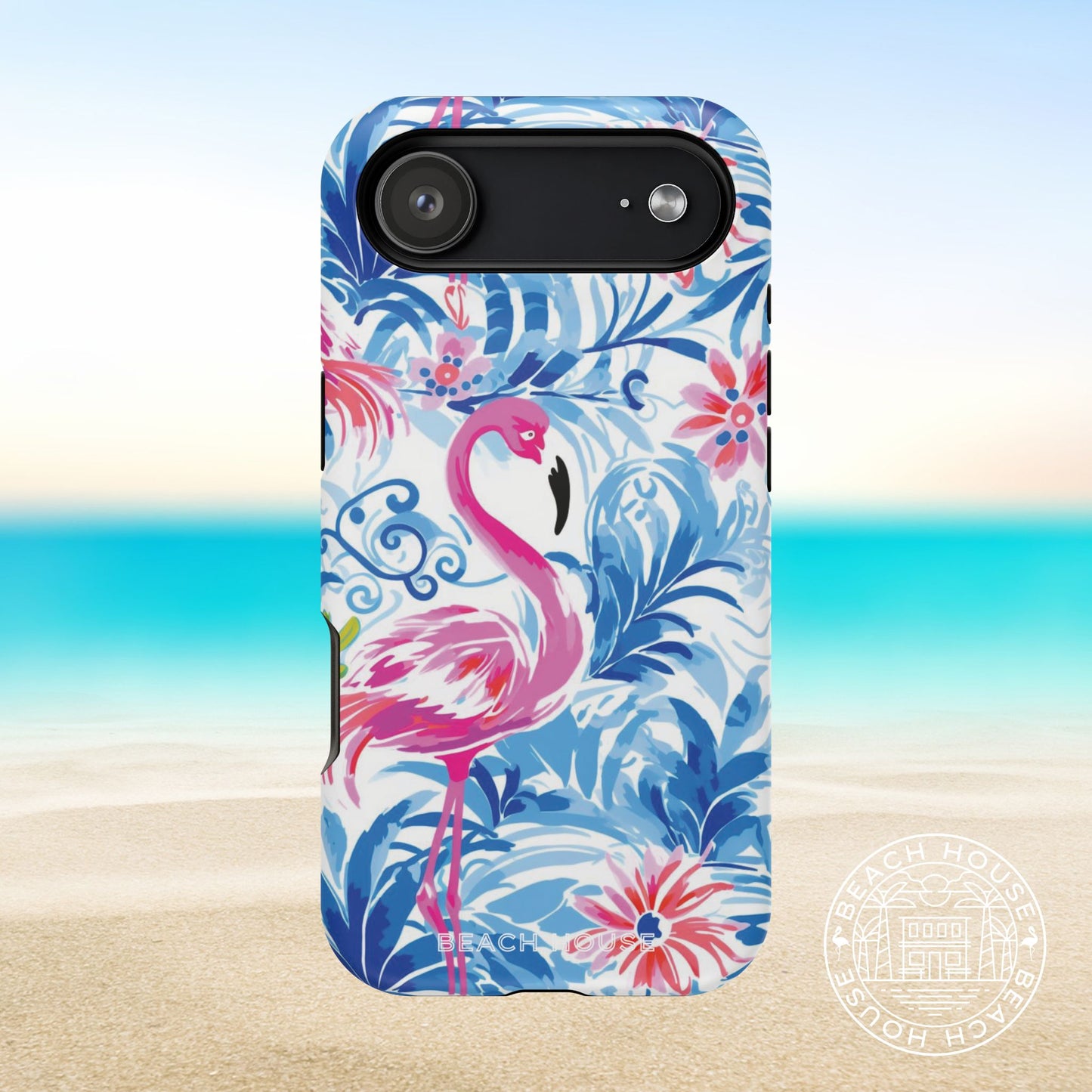 Flamingo Beach MagSafe Tough Case for iPhone 17 with pretty coastal design on a beach background