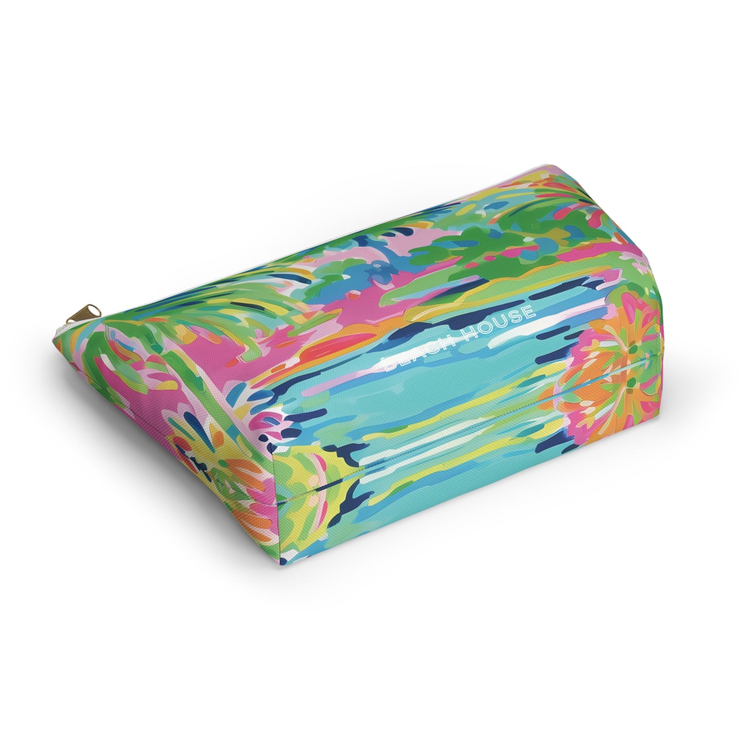 Colorful makeup pouch with tropical design on a white background