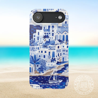 Santorini Slim Case for iPhone 17 Air with blue and white coastal design on a beach background