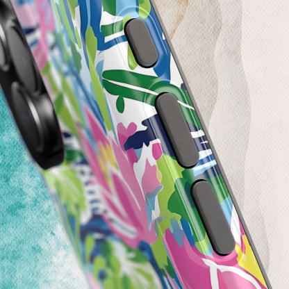 Close up view of the Everglades MagSafe Tough Case for iPhone with abstract design on a textured surface