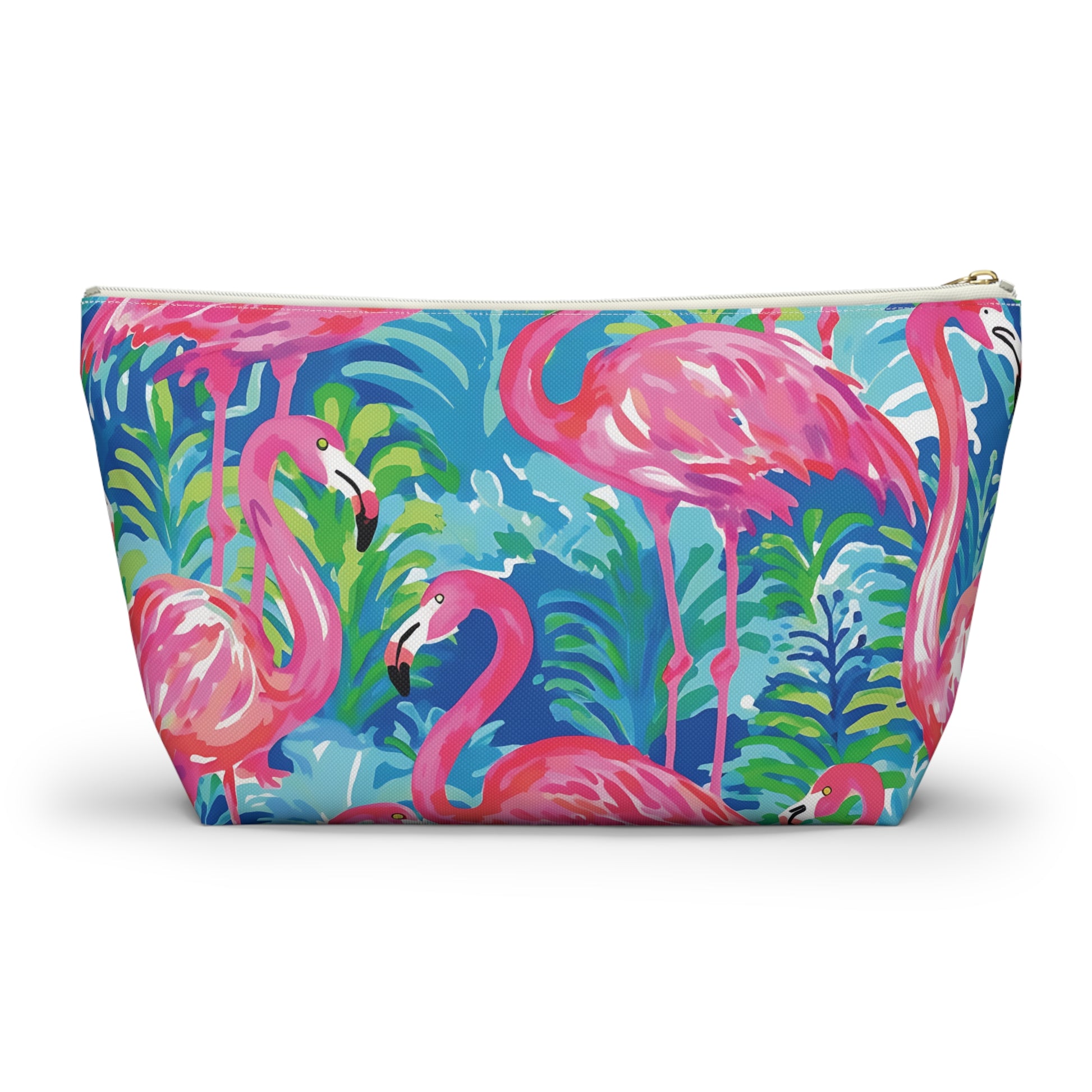 Cosmetic bag with pink flamingo design on a white background