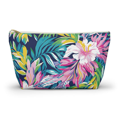 Makeup bag with tropical floral design on a white background