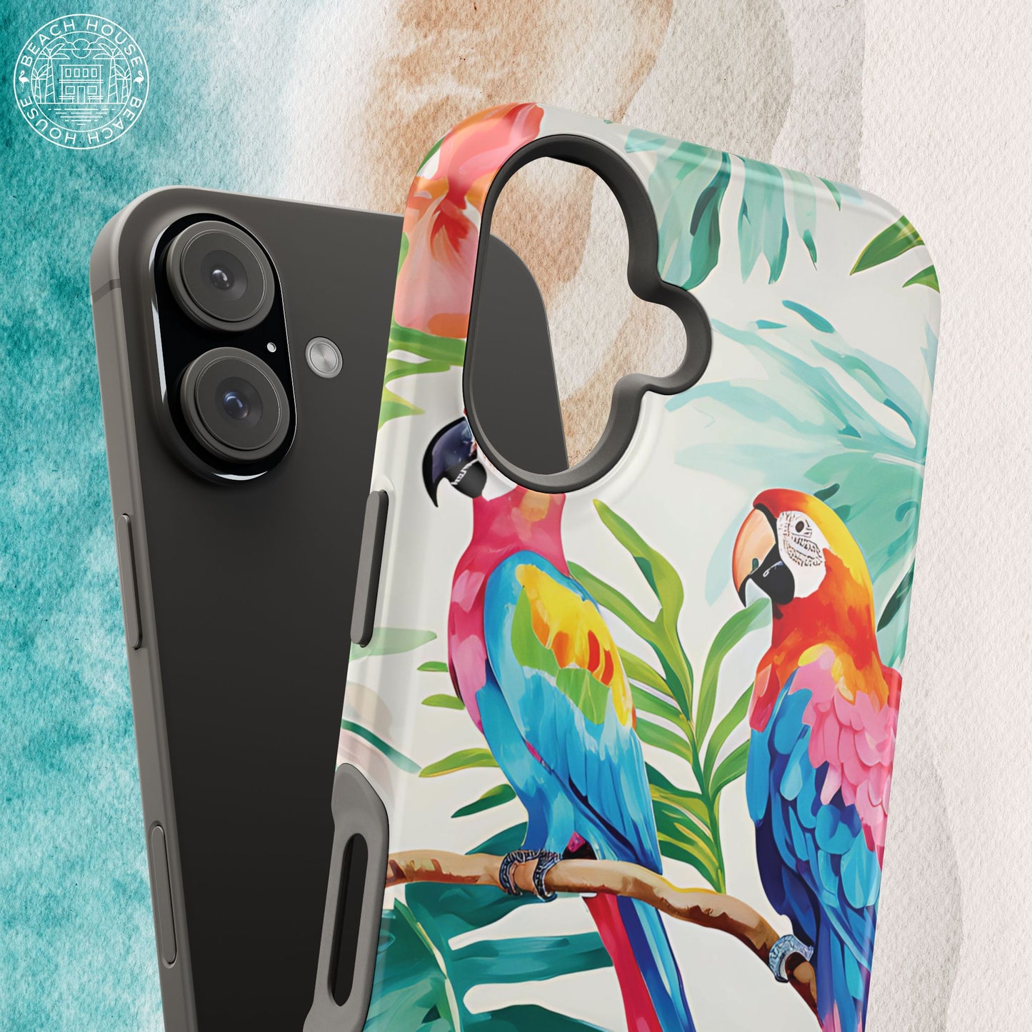 Copacabana MagSafe Tough Case for iPhone with colorful parrot design on a white background
