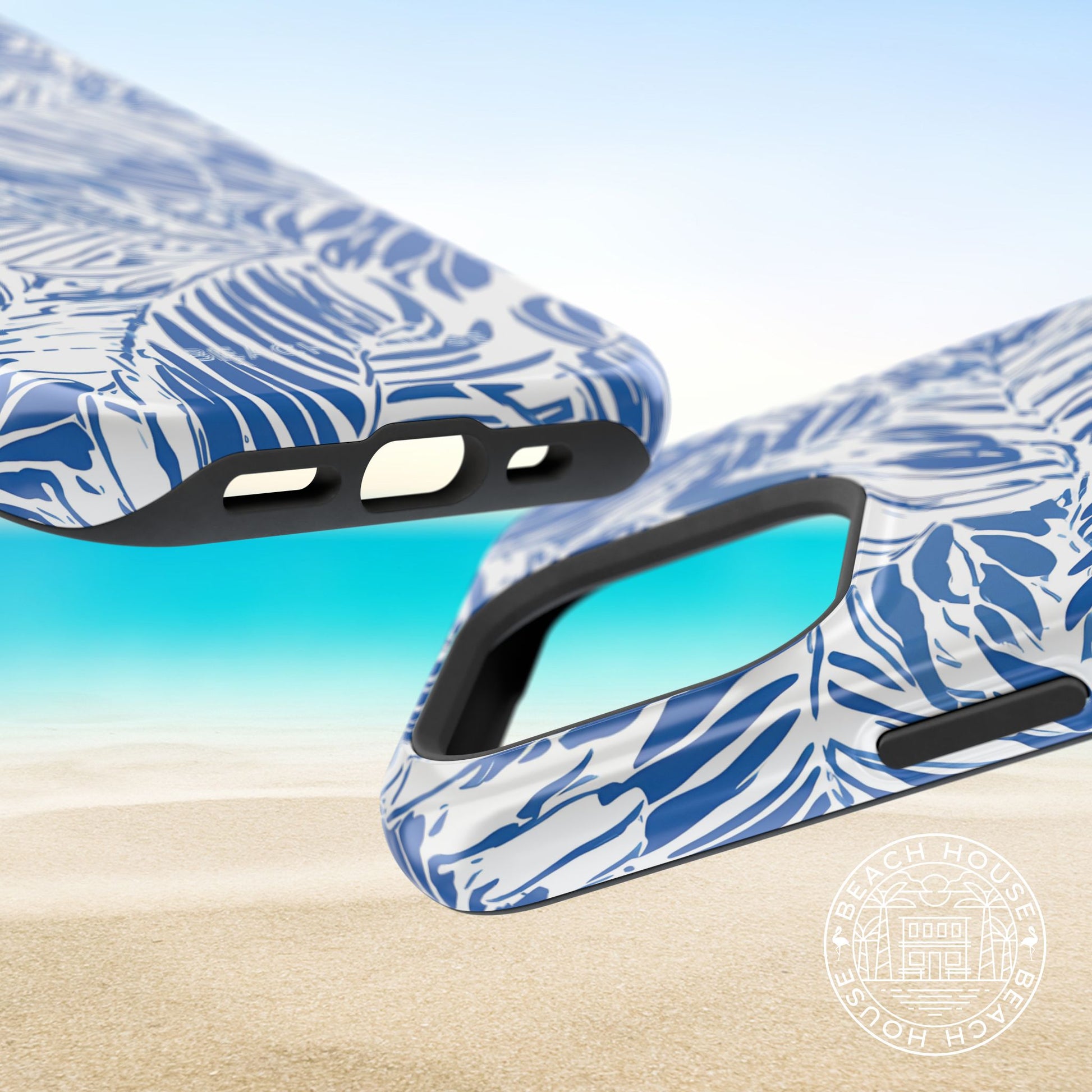 Top and bottom view of the Hampton MagSafe Tough Case for iPhone on a beach background