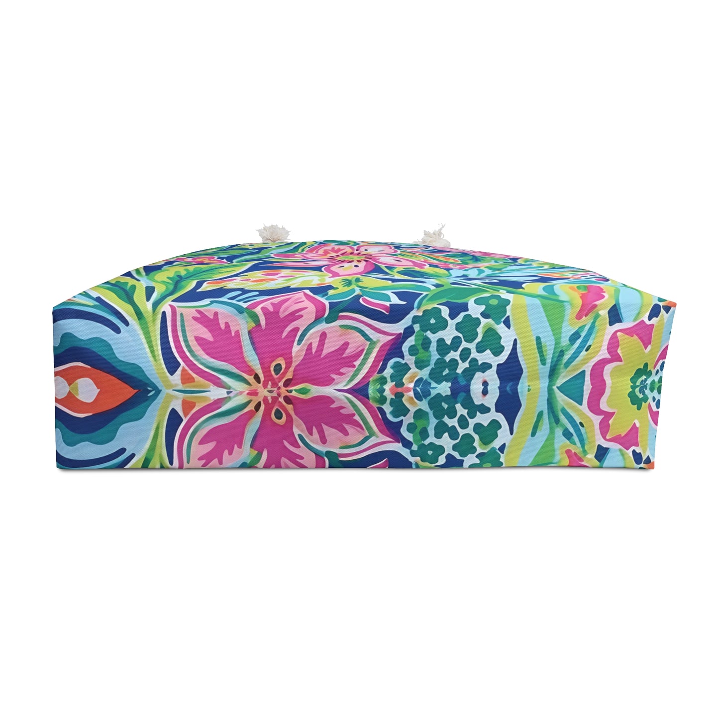 Bottom view of the Fernandina Weekender tote bag with a colorful design against a white background