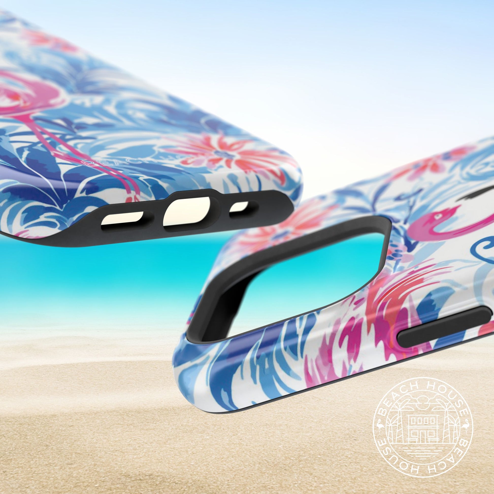 Bottom and top views of the Flamingo Beach MagSafe Tough Case for iPhone