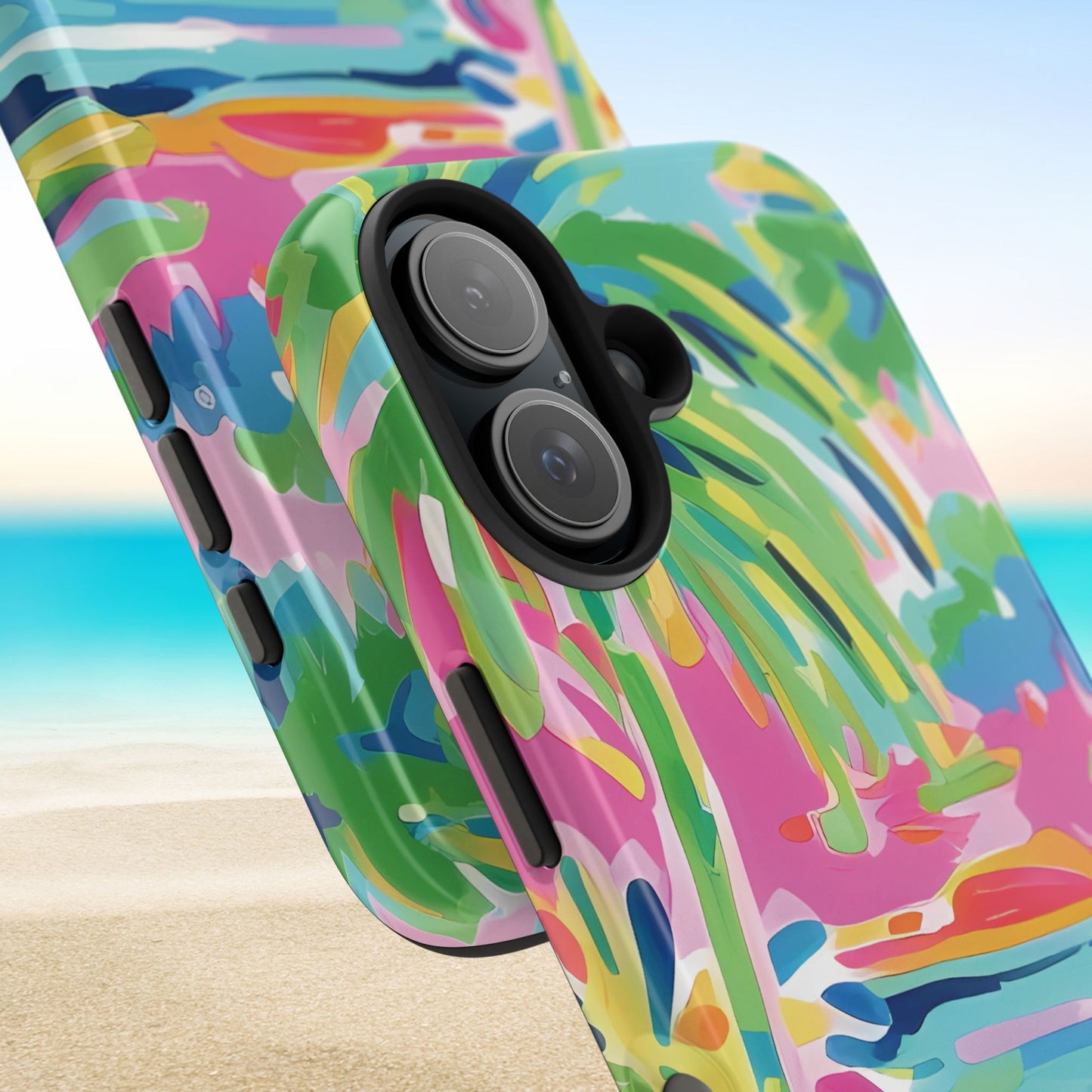 Colorful tropical Delray Tough Case for iPhone with a beach background