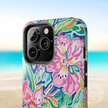 Close up view of the Fernandina Tough Case for iPhone phone case with a beach background