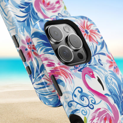 Close up views of the Flamingo Beach MagSafe Tough Case for iPhone, on a beach background