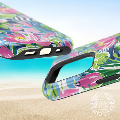 Top and bottom view of the Everglades MagSafe Tough Case for iPhone on a beach background