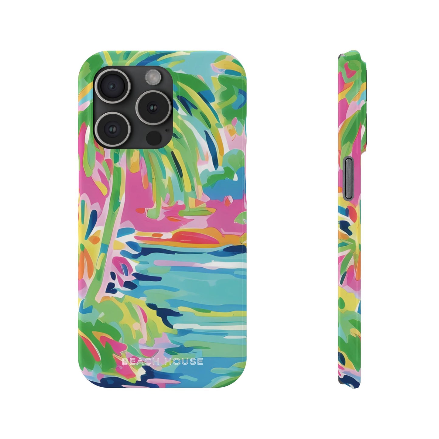 Front and side views of Delray Slim Case for iPhone with palm tree design on a white background