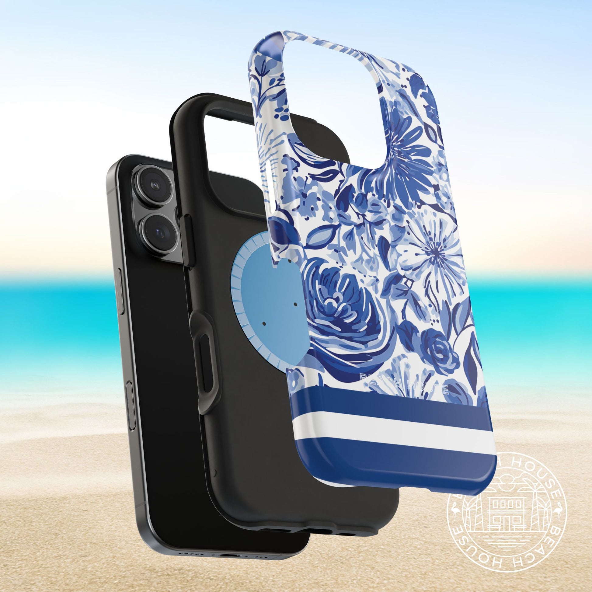 Layers of the Lexington MagSafe Tough Case for iPhone with blue floral design on a beach background
