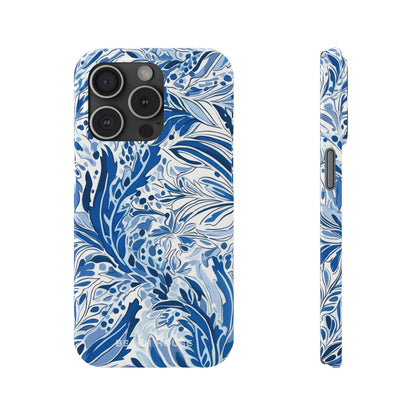 Front and side view of the Nags Head Slim Case for iPhone with blue and white floral pattern on a white background