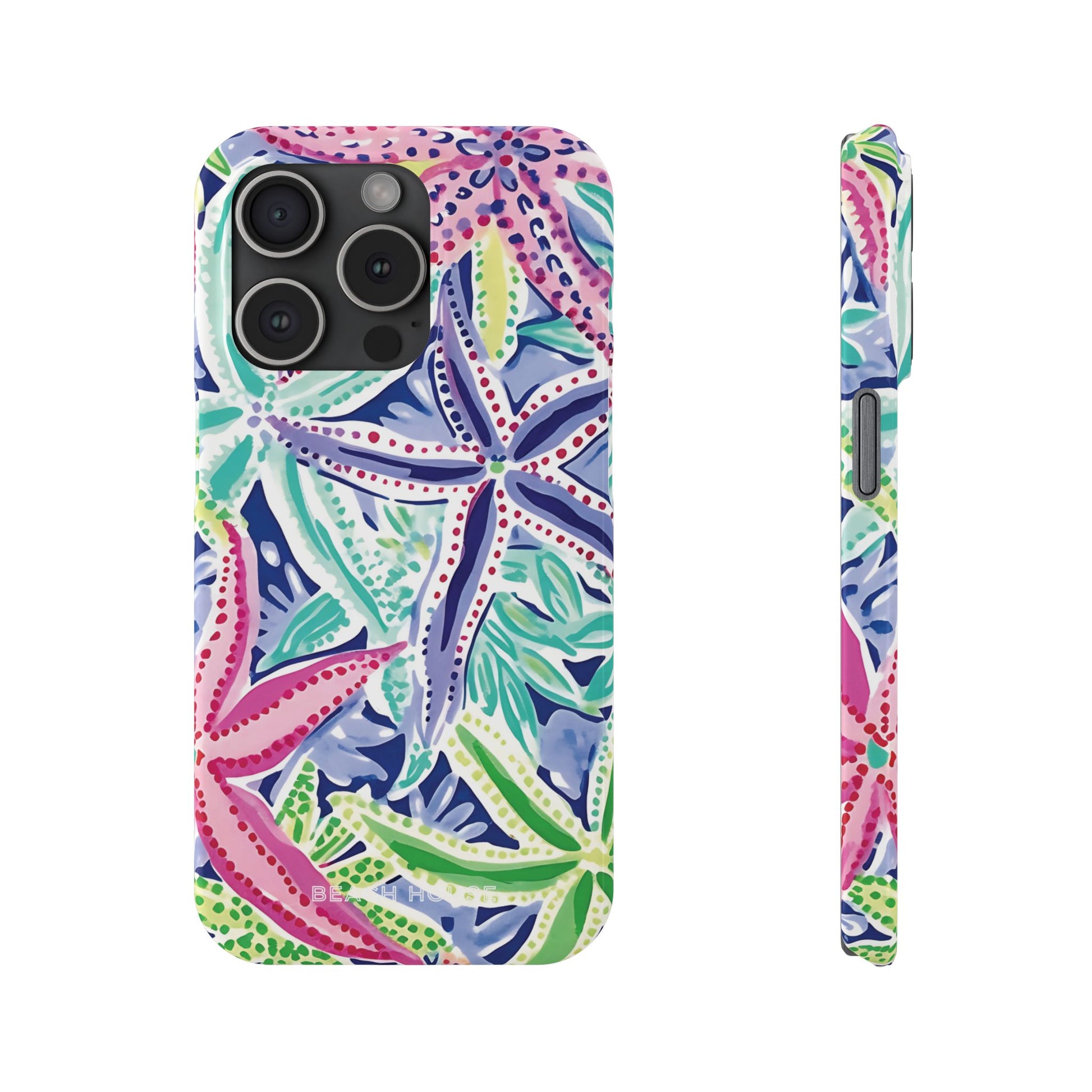 Front and side view of Siesta Key Slim Case for iPhone with tropical starfish pattern on a white background